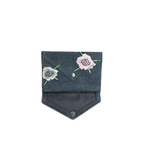 Rebecca Minkoff Embroidered Flowers Leo Nubuck Leather Envelope Clutch Zipper - Picture 3 of 10